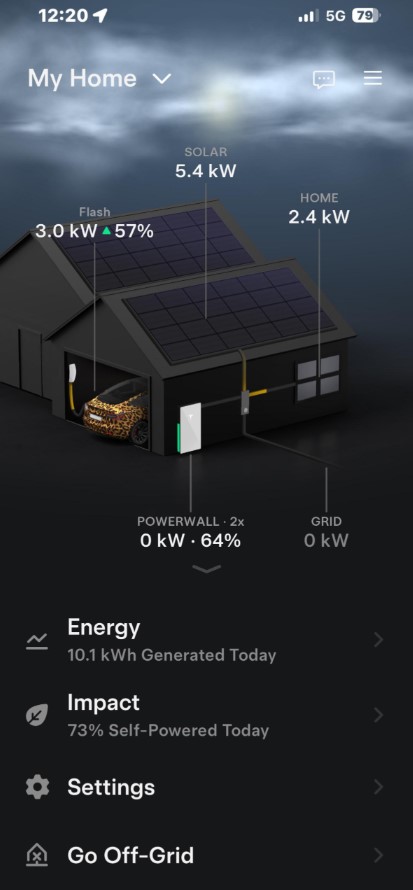 An app screen showing charging activity from two Tesla Powerwalls.