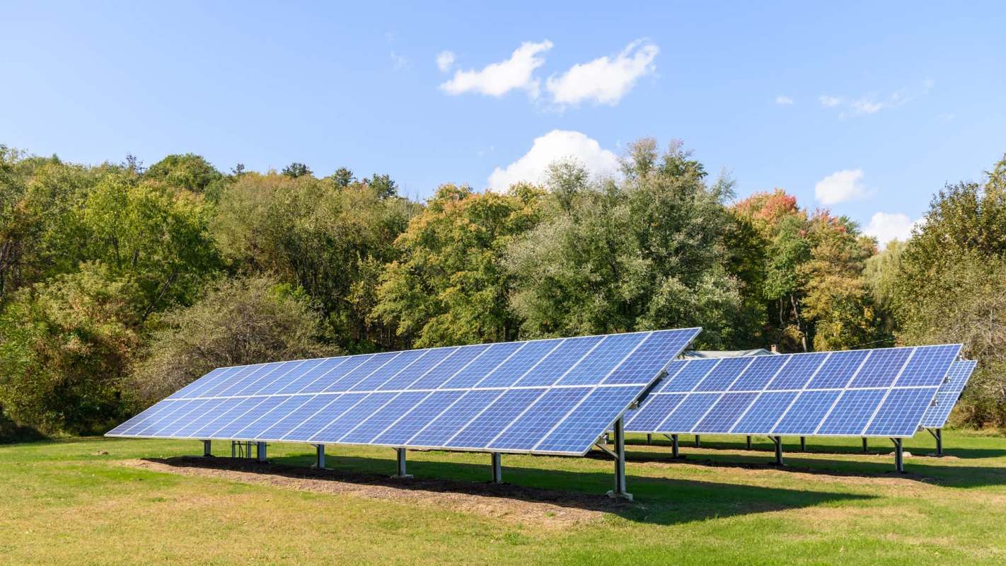 Mounted solar panels on grass.