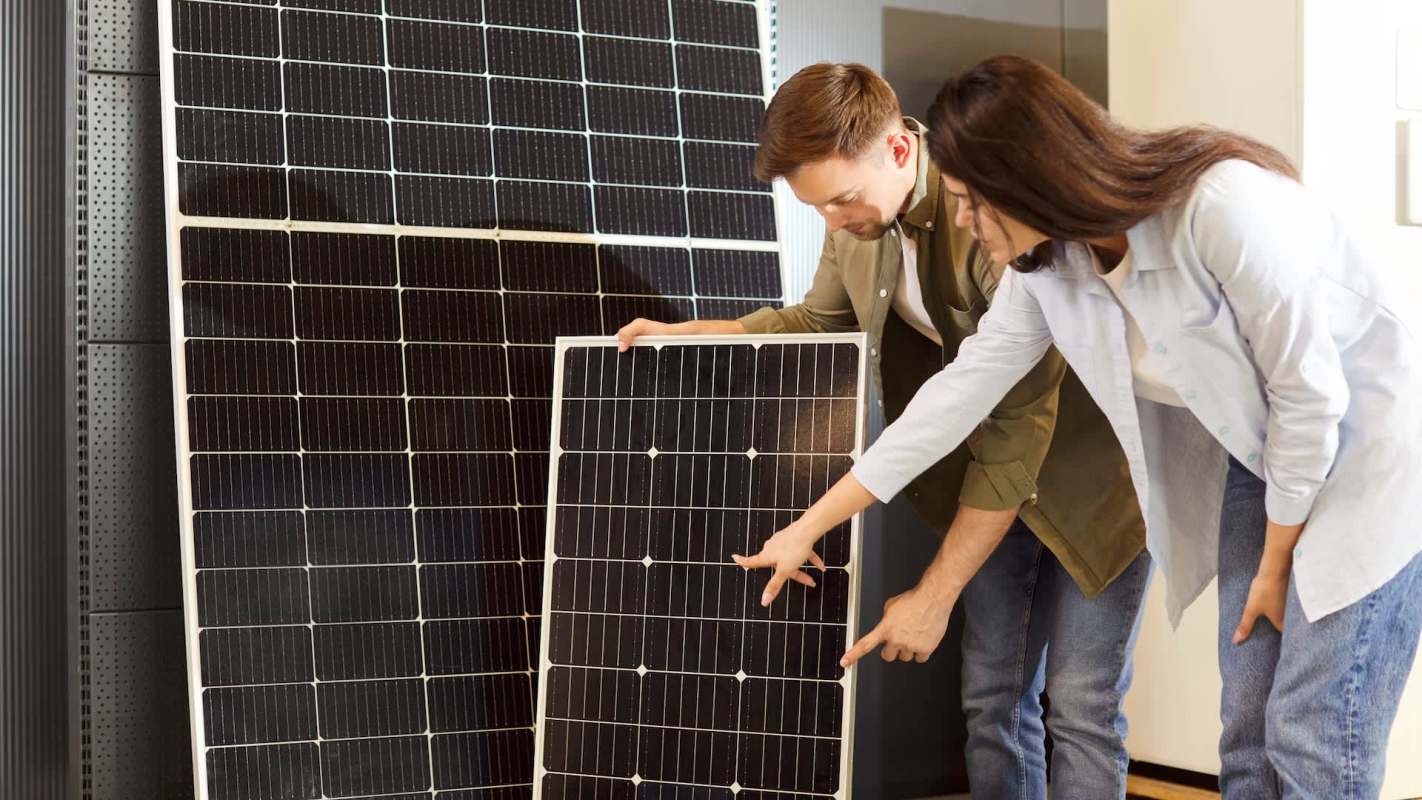 Two people examine solar panels, discussing features or specifications in a modern interior setting.