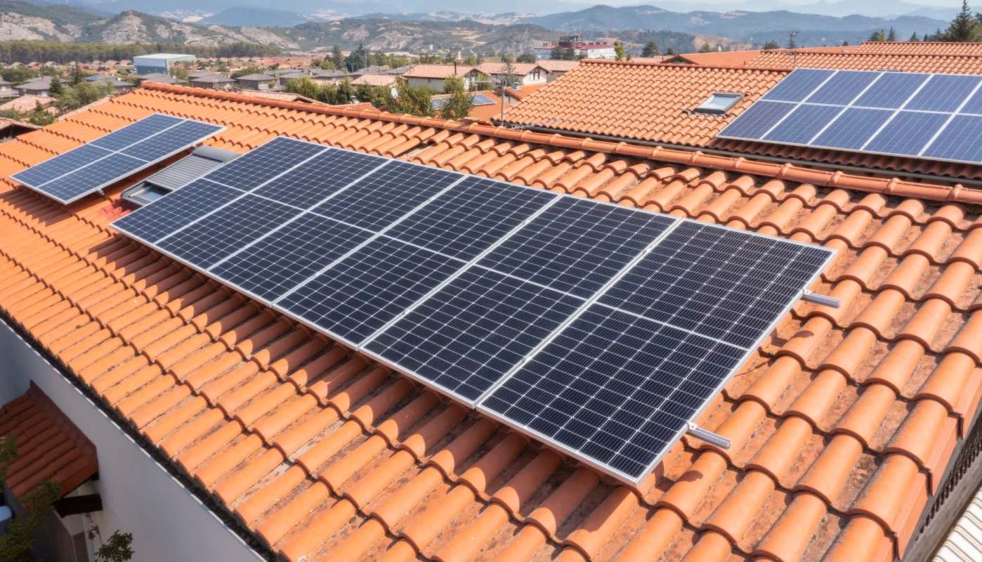Solar panels installed on a tiled roof with a view of a landscape in the background.