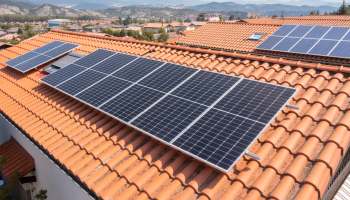 Solar panels installed on a tiled roof with a view of a landscape in the background.