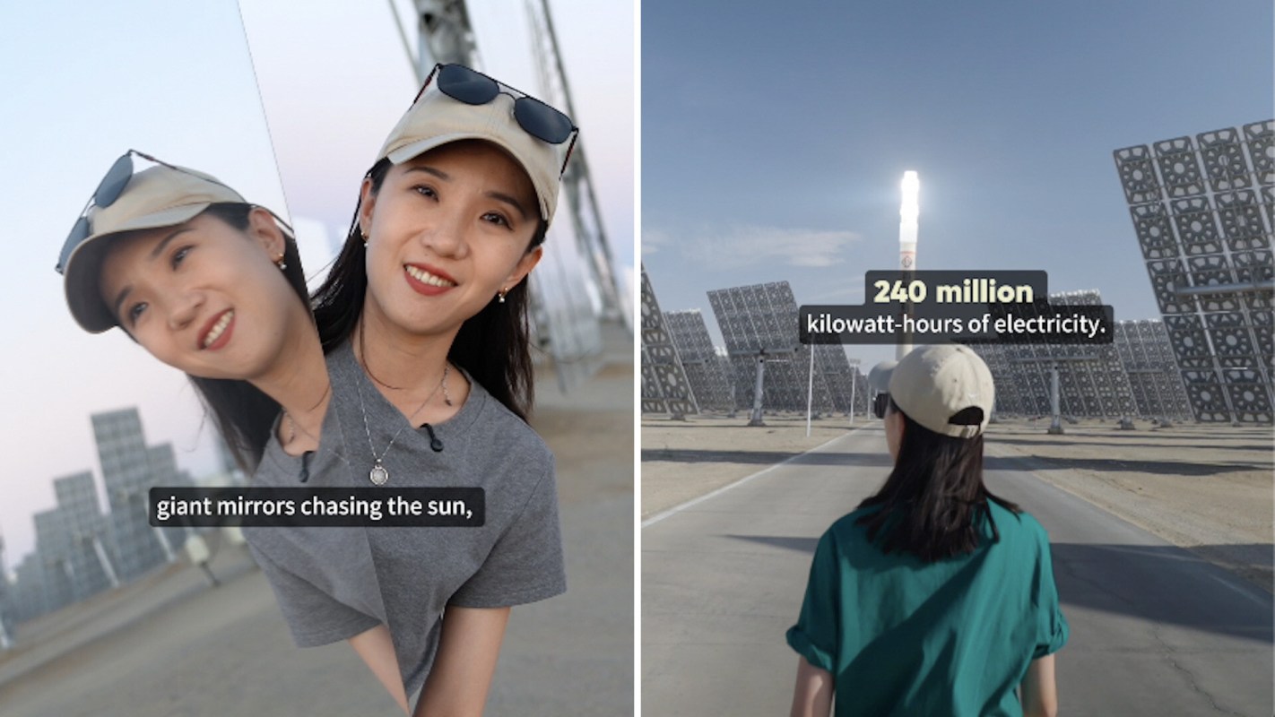 A woman stands near solar panels with text about electricity generation.