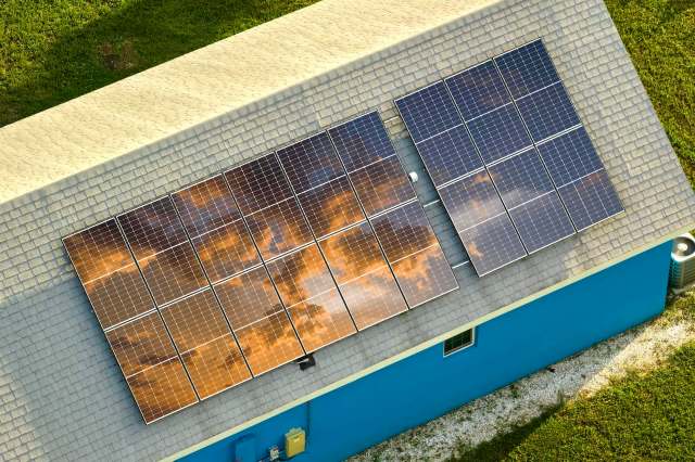A rooftop with solar panels.