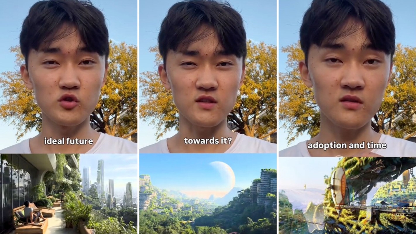 A person speaks about the future with an illustrated background of a futuristic landscape.