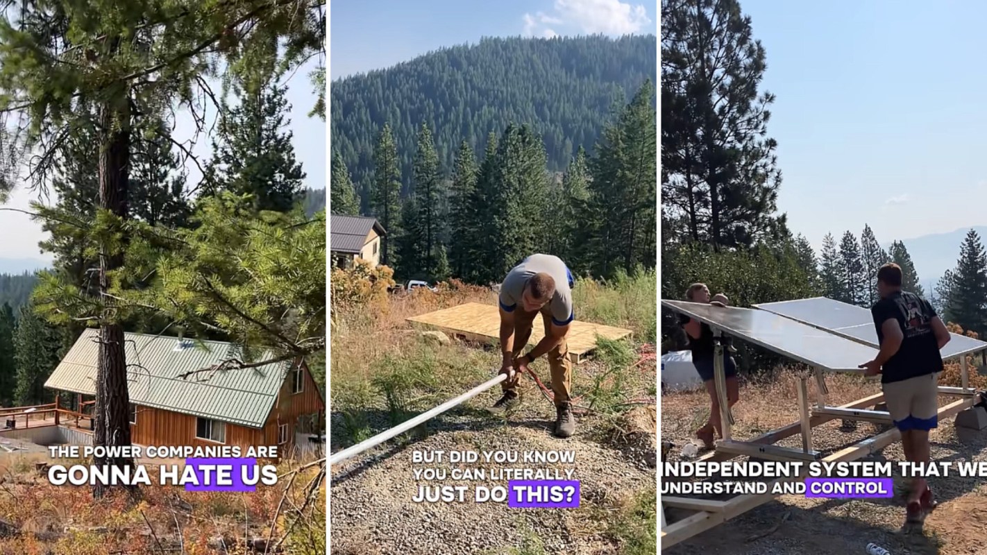 A person works on a construction site while others carry solar panels in a forested area.