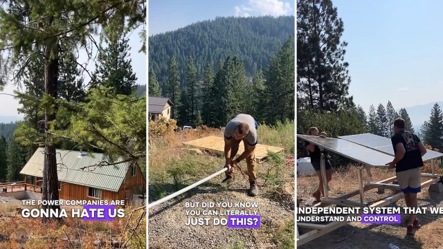 A person works on a construction site while others carry solar panels in a forested area.