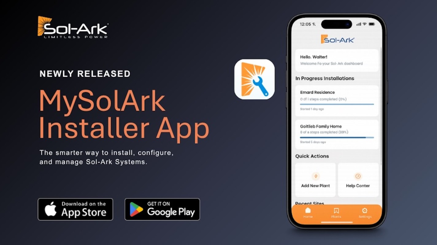 A smartphone displaying the MySolArk Installer App interface with progress on solar installations and quick action buttons.