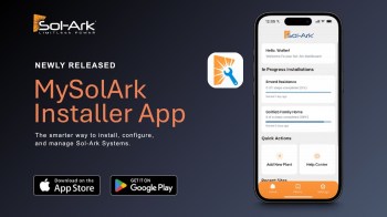 A smartphone displaying the MySolArk Installer App interface with progress on solar installations and quick action buttons.