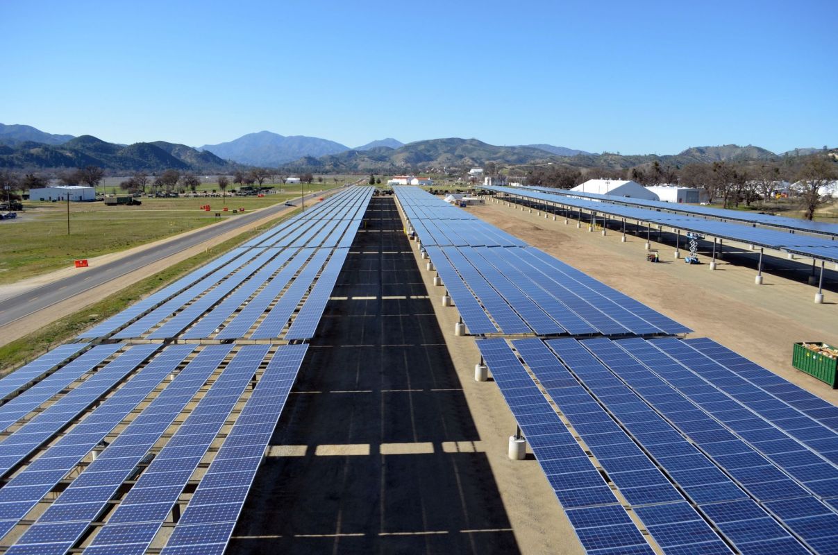 Solar panel canopy at a construction site.