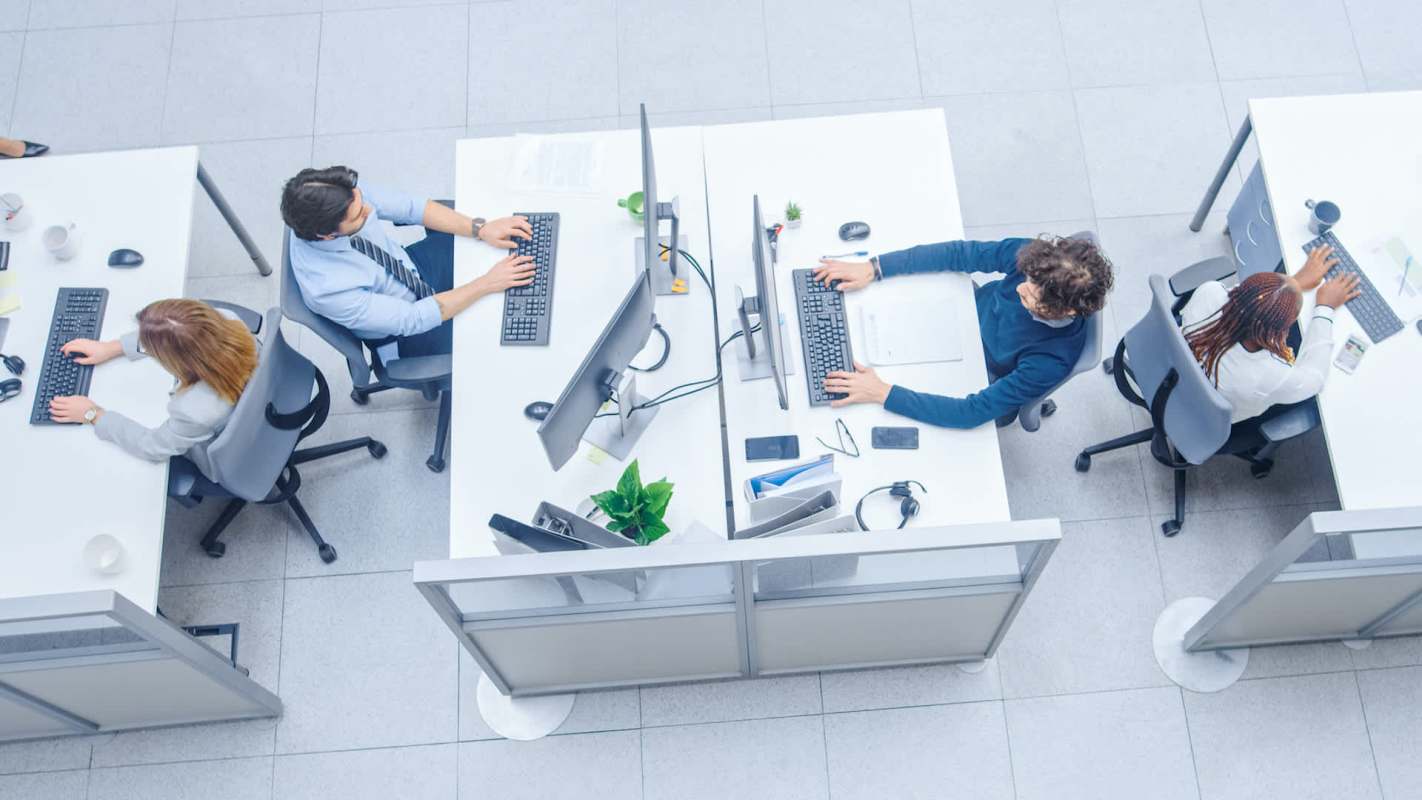 Four individuals working at desks with computers in an office environment.