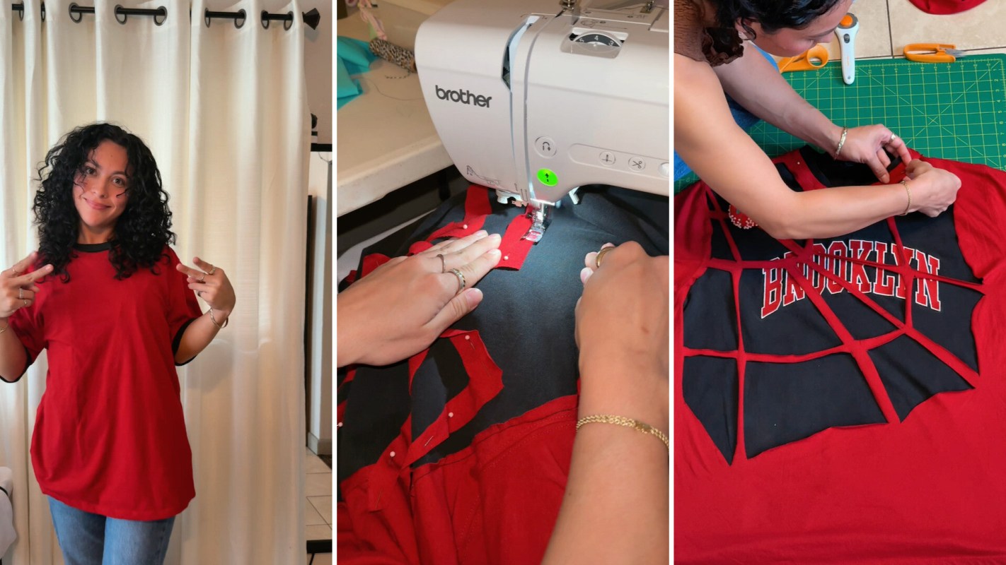 A woman poses in a red shirt; another image shows hands sewing fabric pieces together, and a third displays a shirt with cut designs.