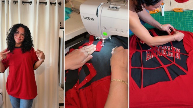 A woman poses in a red shirt; another image shows hands sewing fabric pieces together, and a third displays a shirt with cut designs.