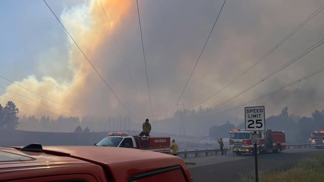 Firefighters responding to a wildfire.