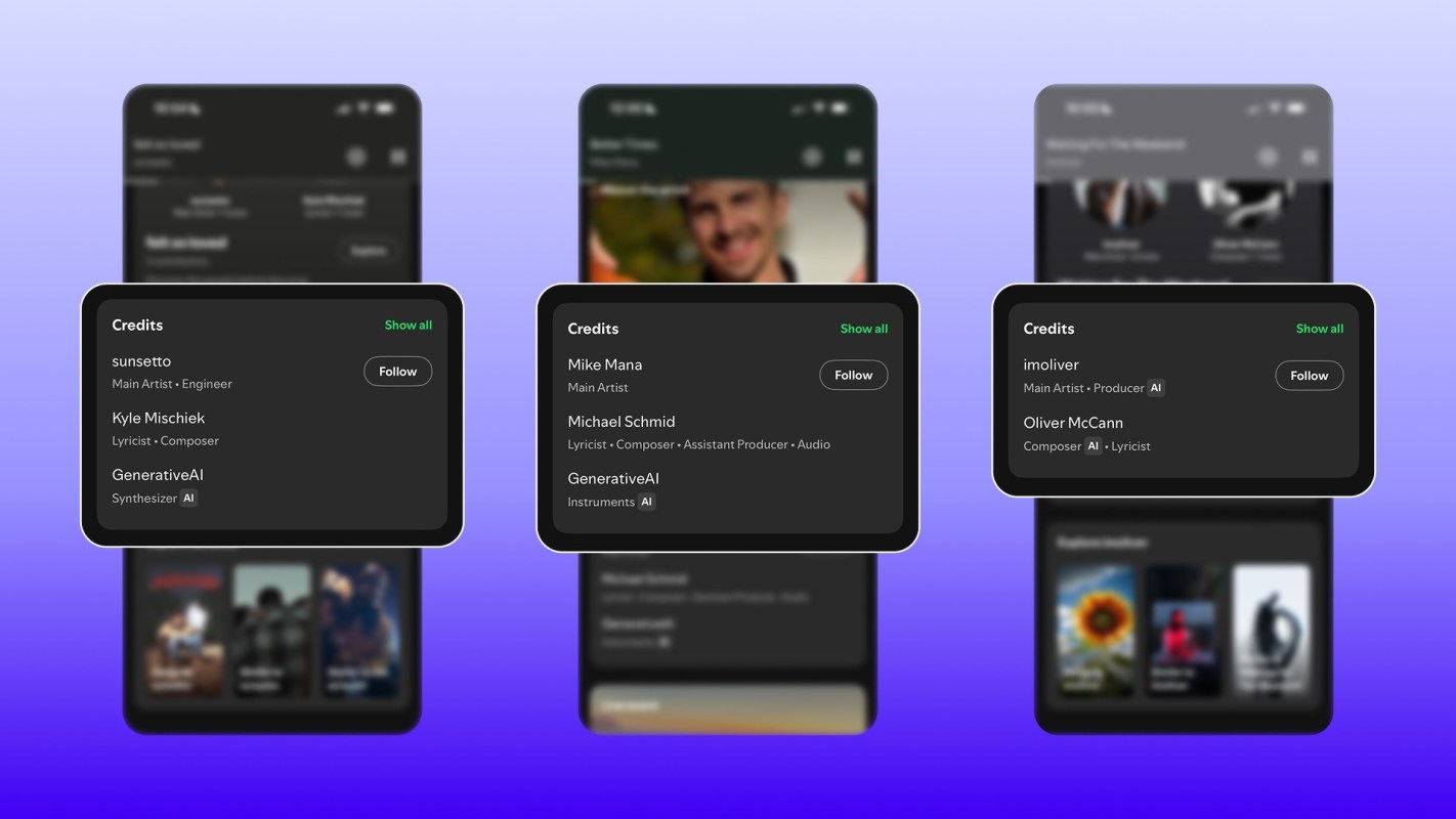 Three digital screens displaying music credits and artist information against a gradient background.