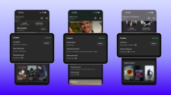 Three digital screens displaying music credits and artist information against a gradient background.