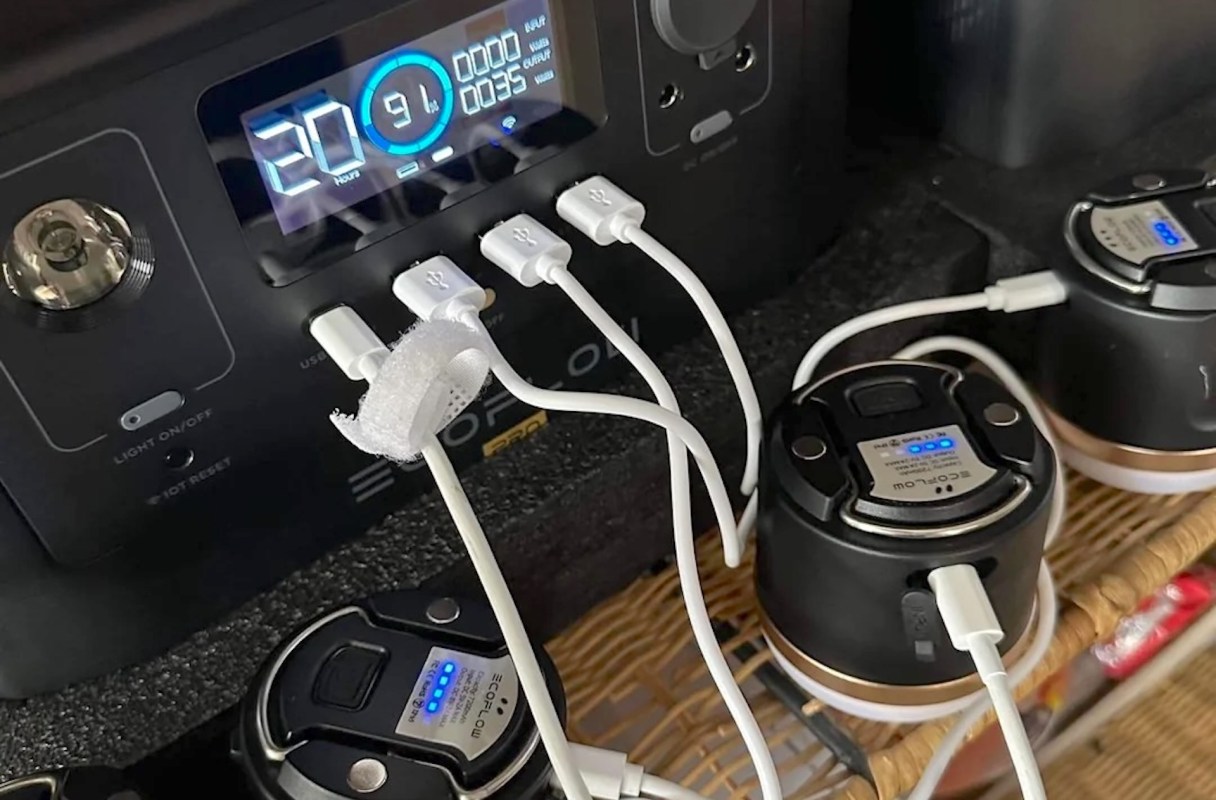 Camping lights plugged into an EcoFlow portable power station.
