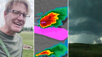 A man smiles outdoors beside a weather radar image and a stormy sky with dark clouds.