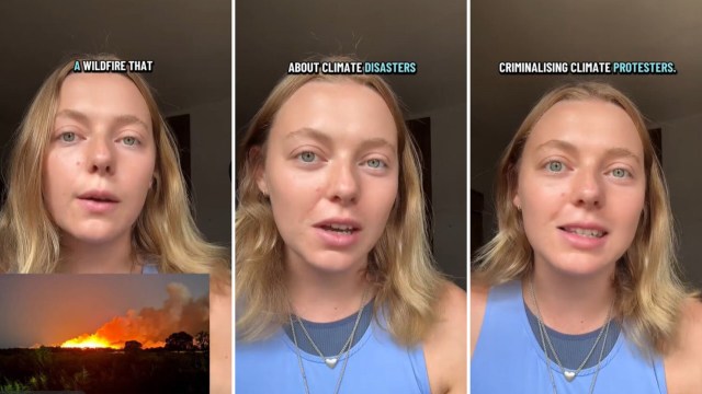 A woman talking about wildfires.