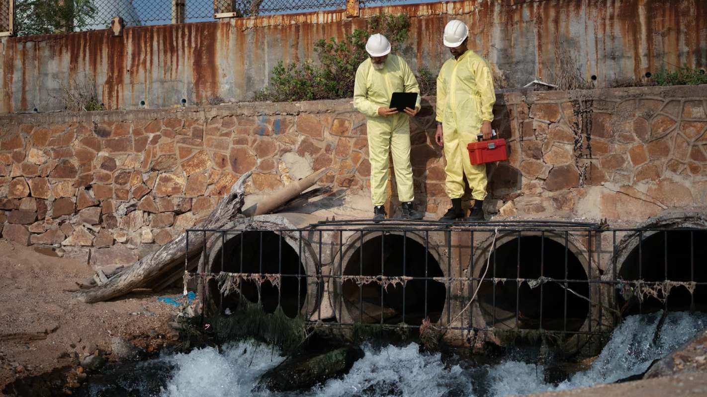 Two workers in yellow protective suits stand by a water outlet, examining a device and a toolbox.