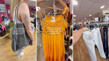 A charity shop displaying a gray bag, an orange dress, and white pants for sale.