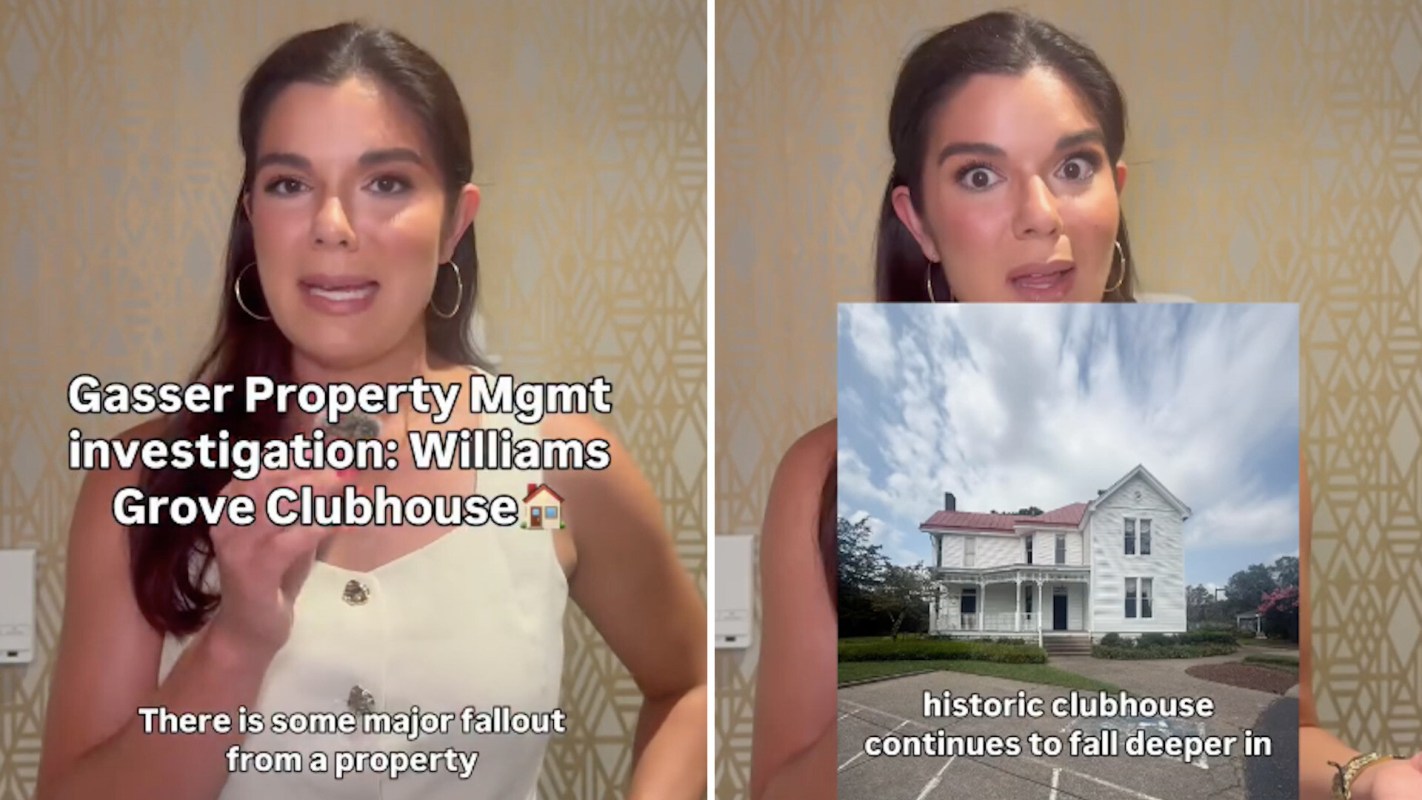 A woman speaks about a property investigation while showing a historic clubhouse with a cloudy sky in the background.