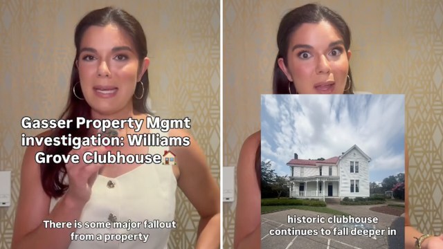 A woman speaks about a property investigation while showing a historic clubhouse with a cloudy sky in the background.