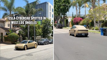 A Tesla Cybercab parked on a street in West Los Angeles with palm trees and homes in the background.