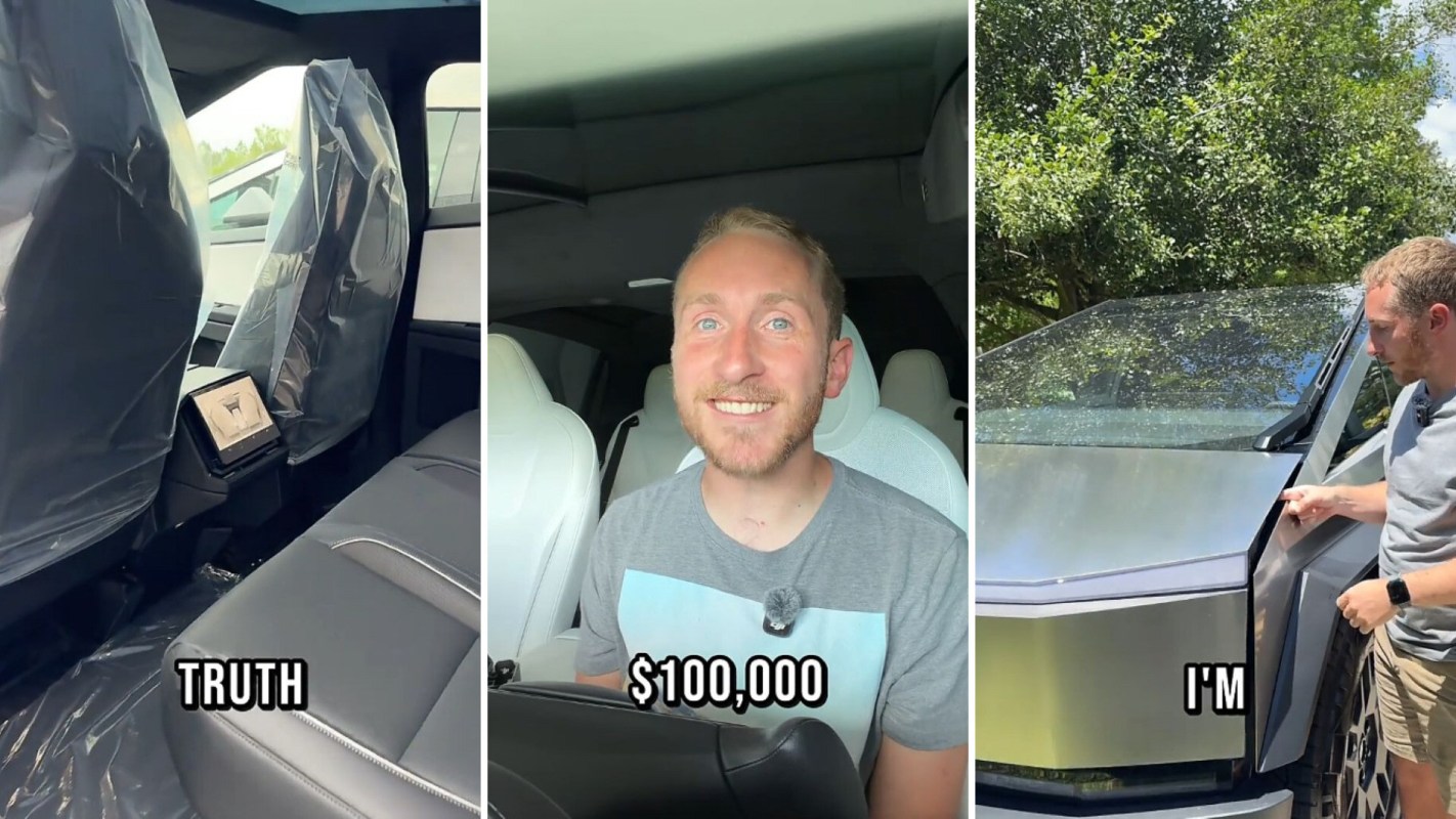 A man talks about his Tesla Cybertruck.
