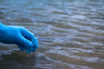 A person taking a test tube of river water.