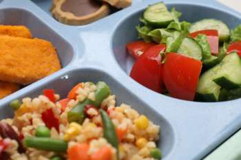 A blue tray containing chicken nuggets, salad with tomatoes and cucumbers, and a grain mix.