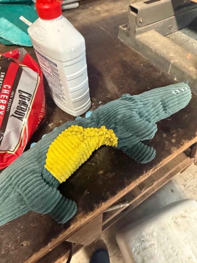 A repaired crocodile toy.