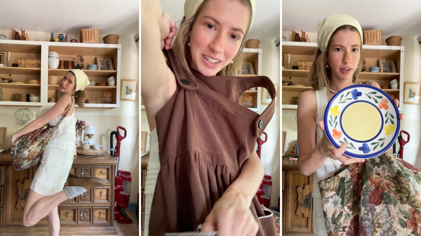 A woman showcases various items, including a bag, clothing, and a decorative plate, in a home setting.