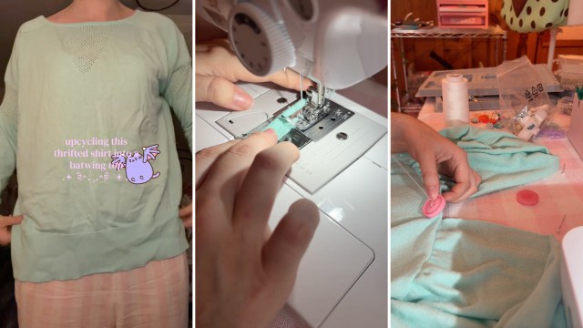 A series of images showing the process of upcycling a thrifted mint green shirt into a batwing top.