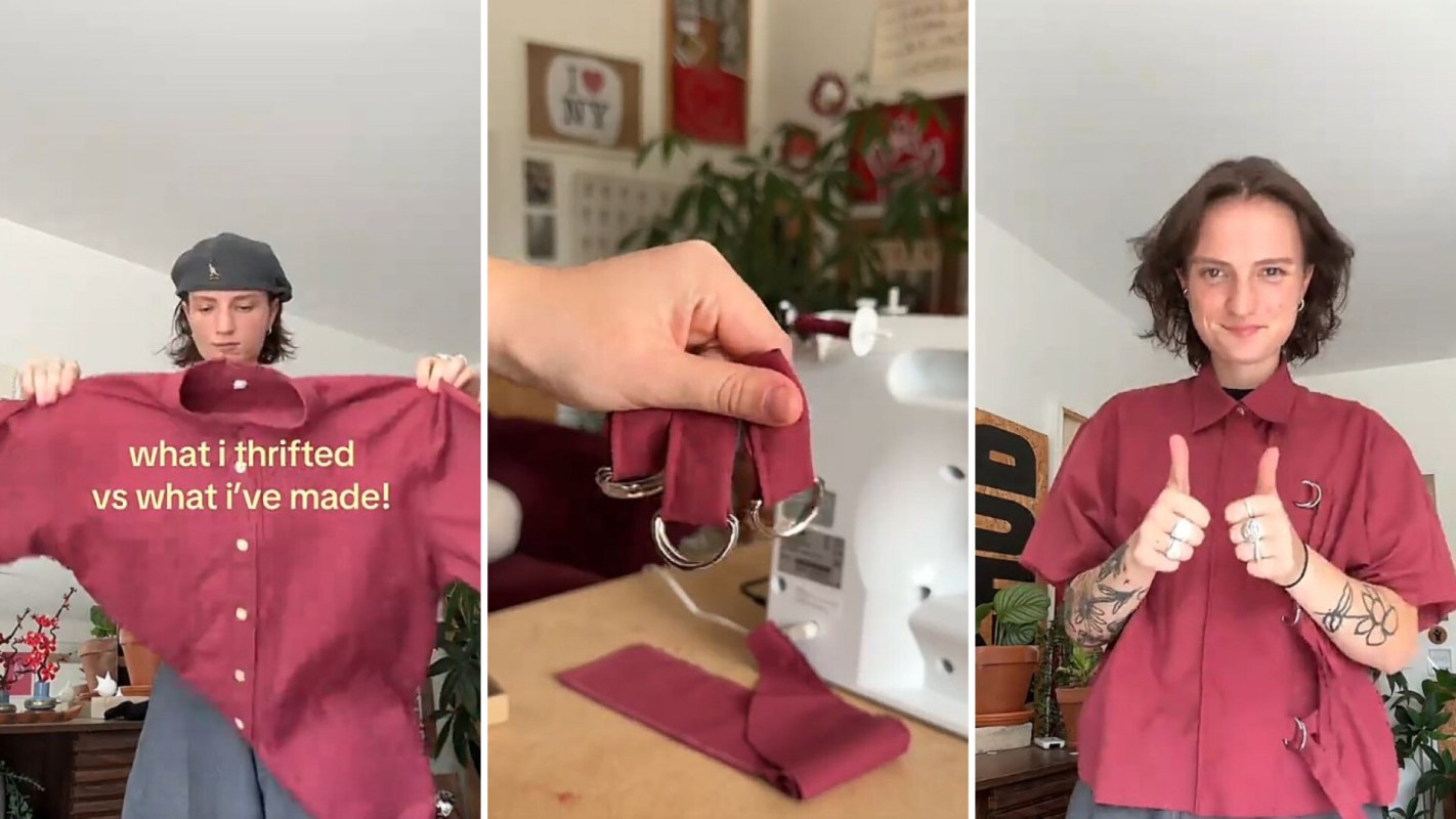 A person holds a thrifted shirt and shows off a handmade version with sewing supplies nearby.