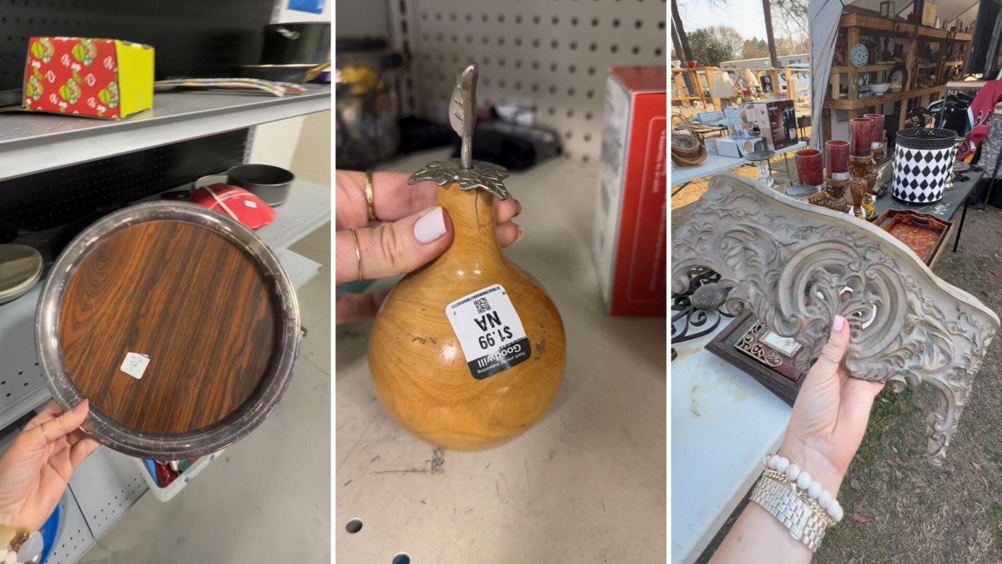 A shopper showcasing decorative items at a thrift store.