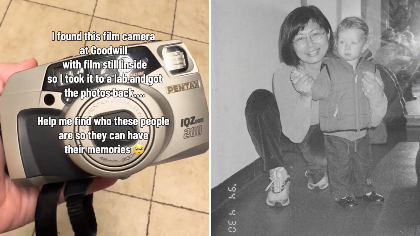 A digital camera from the 1990s shown next to a black-and-white picture from that camera.