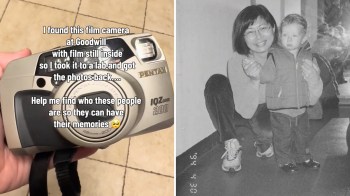 A digital camera from the 1990s shown next to a black-and-white picture from that camera.
