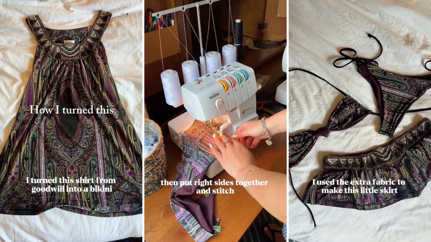 A person sewing a bikini from a patterned shirt.