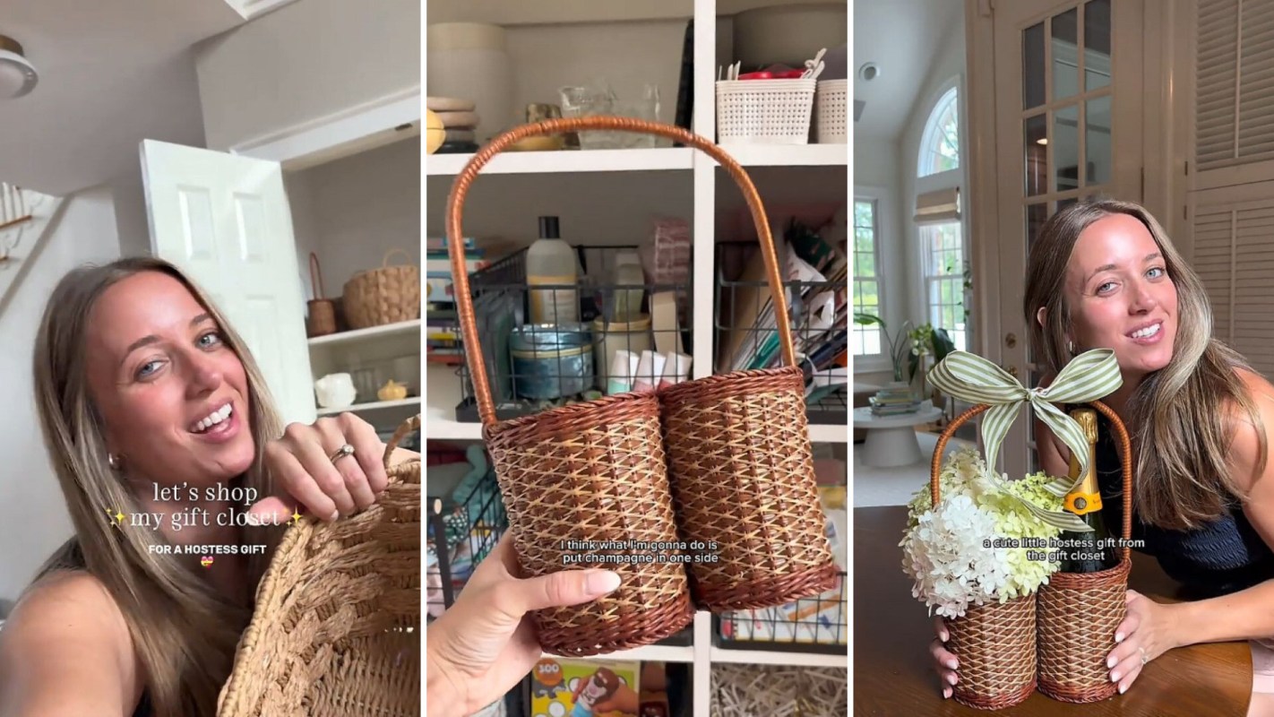 A woman shows two woven baskets with a ribbon, one holding flowers and the other containing a bottle.