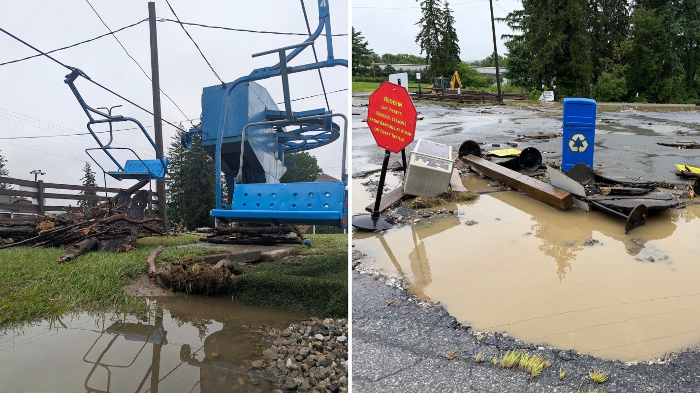 A flooded ski area and parking lot.