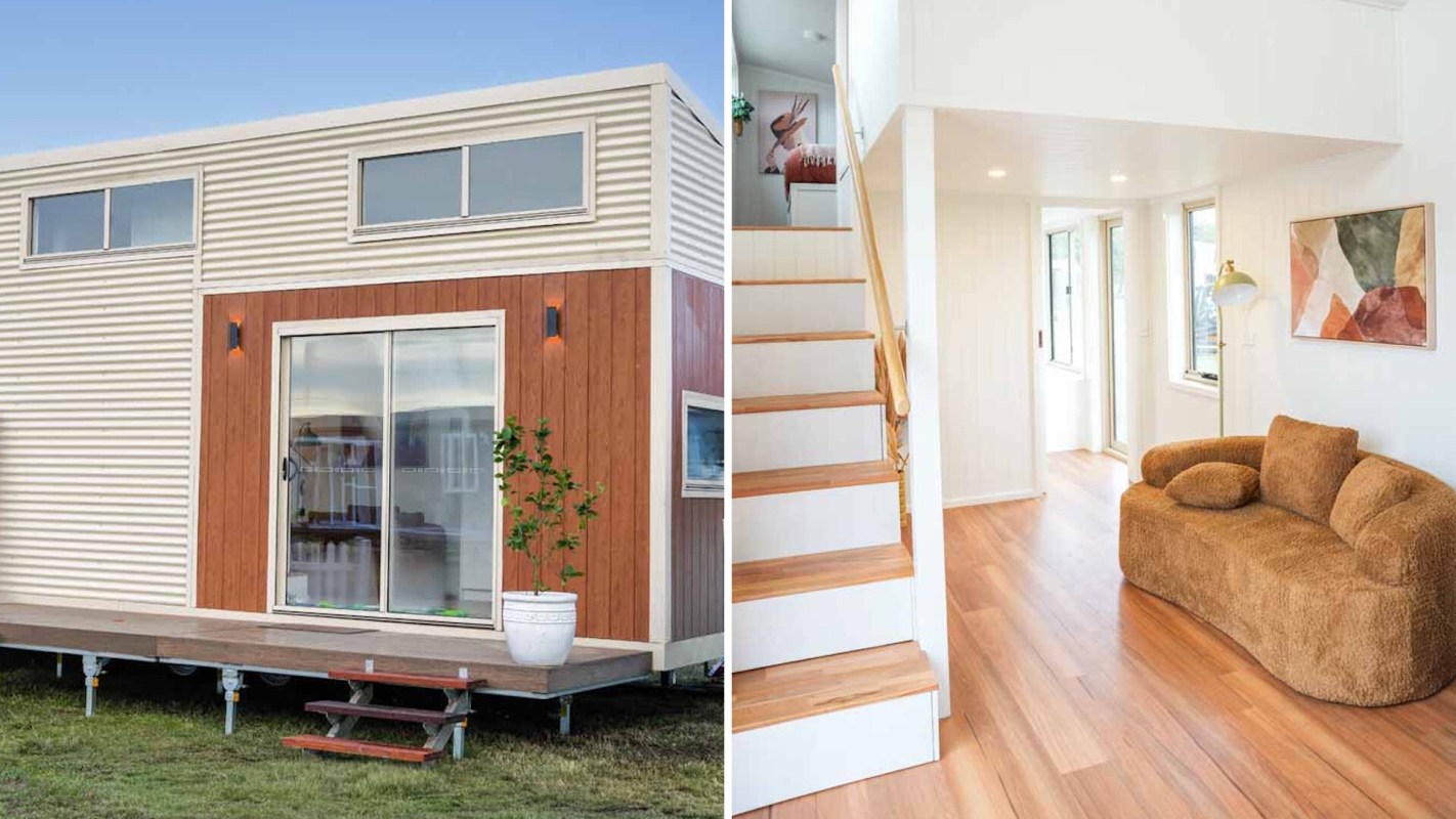 A tiny house exterior with wooden accents, and an airy interior featuring stairs and a cozy couch.