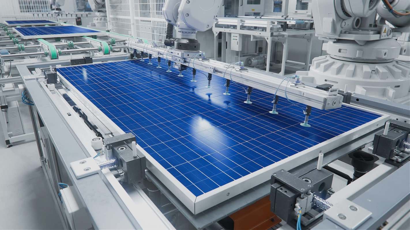 A robotic assembly line manufacturing solar panels.
