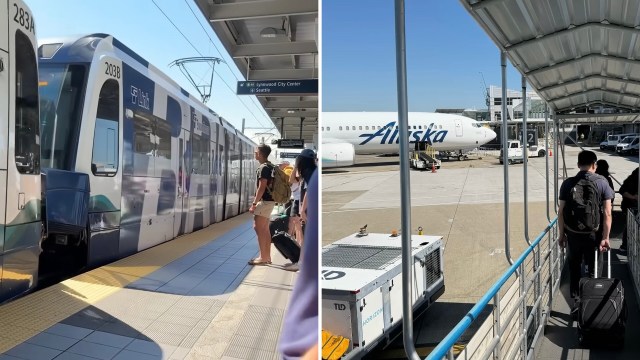 A light rail train at a station next to an airplane at an airport boarding area.