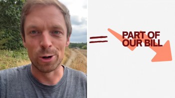 A man in a field with an overlay that says "PART OF OUR BILL" and a downward arrow.