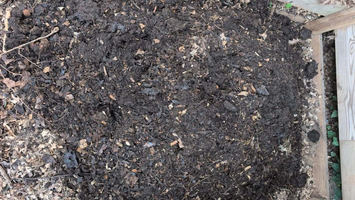 A pile of dark, moist compost containing organic matter and small pieces of wood.