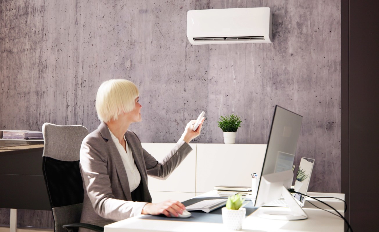 A woman at a desk using a remote control in an office with a plant and air conditioning unit on the wall.