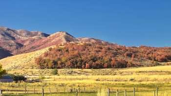 A landscape featuring rolling hills with autumn foliage and a clear blue sky.