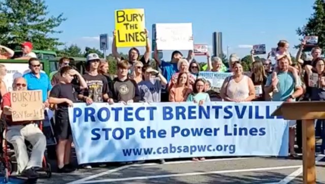 A group of people holding signs at a protest to oppose power lines in Brentsville, Virginia.