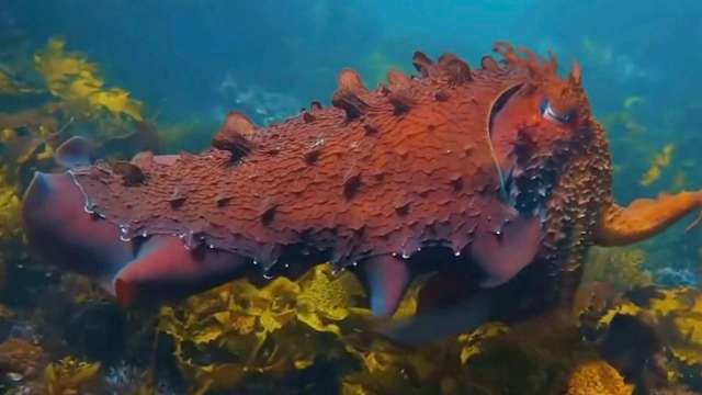 A large, red cuttlefish swims among underwater plants.