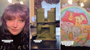 A woman with purple hair, an old sewing machine, and a colorful quilt featuring animal illustrations.